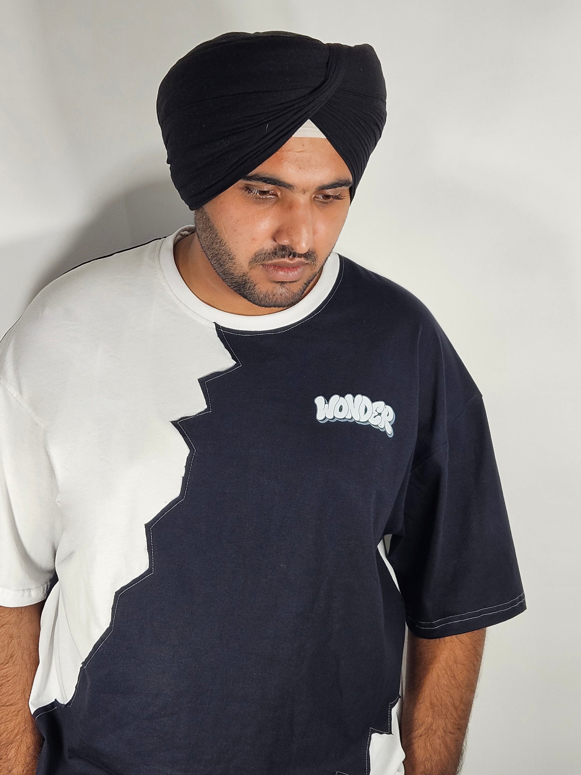 WONDER ORIGNALS : WHITE RIB EDITION WHITE AND NAVY OVERSIZED TSHIRT PREMIUM COTTON