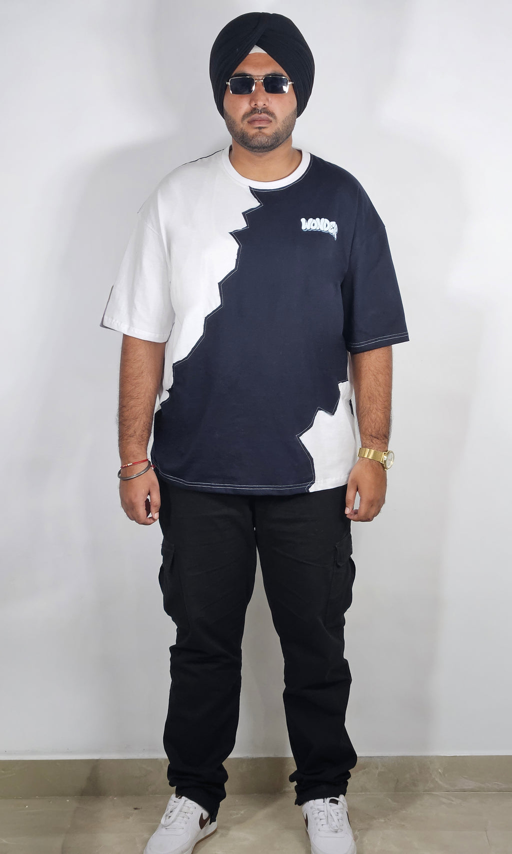 WONDER ORIGNALS : WHITE RIB EDITION WHITE AND NAVY OVERSIZED TSHIRT PREMIUM COTTON