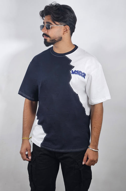 WONDER ORIGNALS :  NAVY RIB EDITION WHITE AND NAVY OVERSIZED TSHIRT PREMIUM COTTON