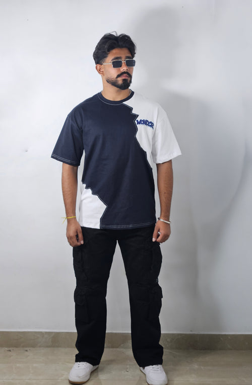 WONDER ORIGNALS :  NAVY RIB EDITION WHITE AND NAVY OVERSIZED TSHIRT PREMIUM COTTON