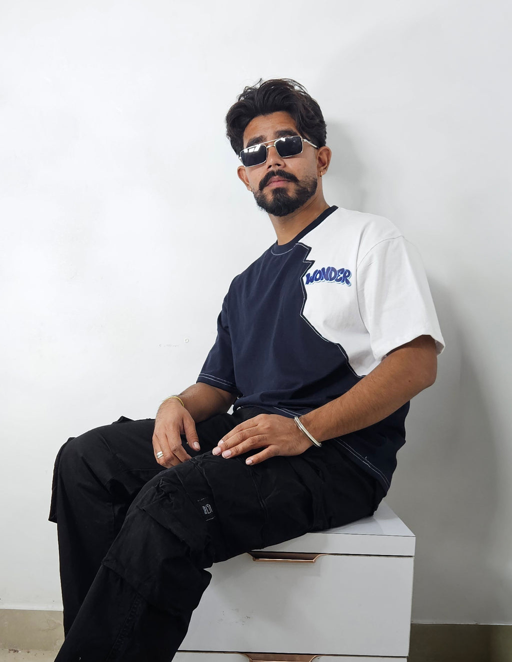 WONDER ORIGNALS :  NAVY RIB EDITION WHITE AND NAVY OVERSIZED TSHIRT PREMIUM COTTON