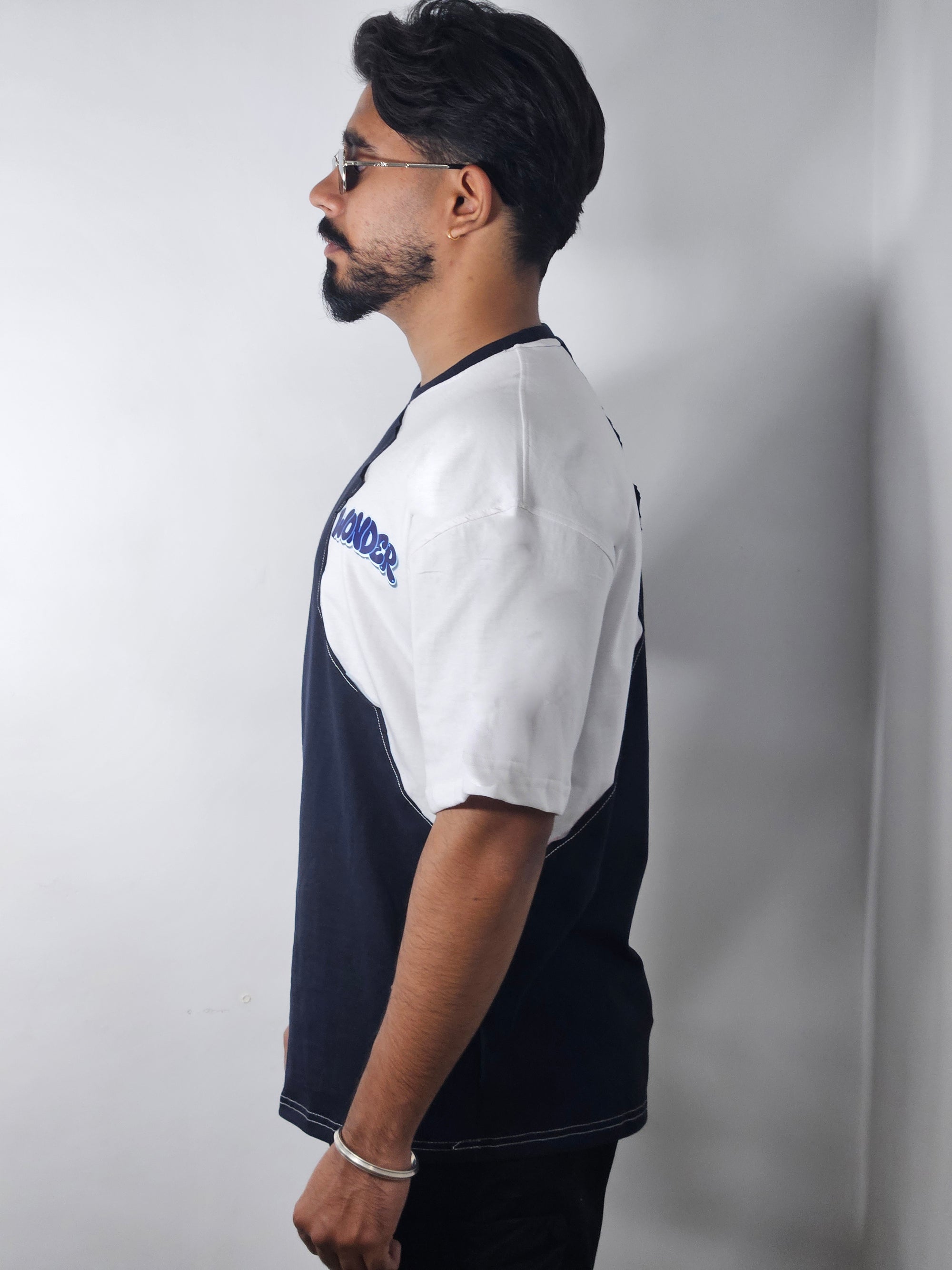 WONDER ORIGNALS :  NAVY RIB EDITION WHITE AND NAVY OVERSIZED TSHIRT PREMIUM COTTON