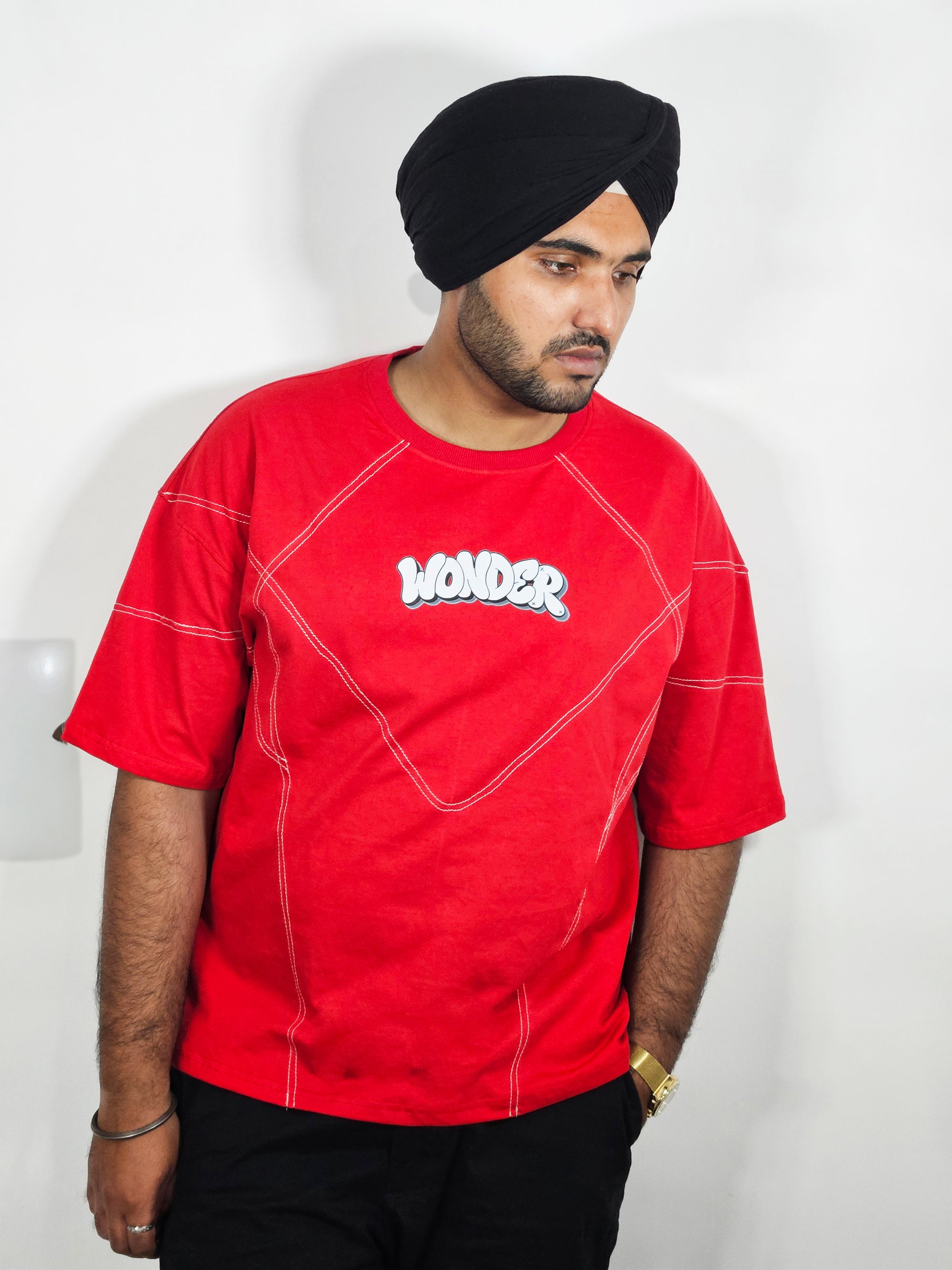 WONDER ORIGNALS : GEOMETRIC FLOW RED OVERSIZED TSHIRT PREMIUM COTTON