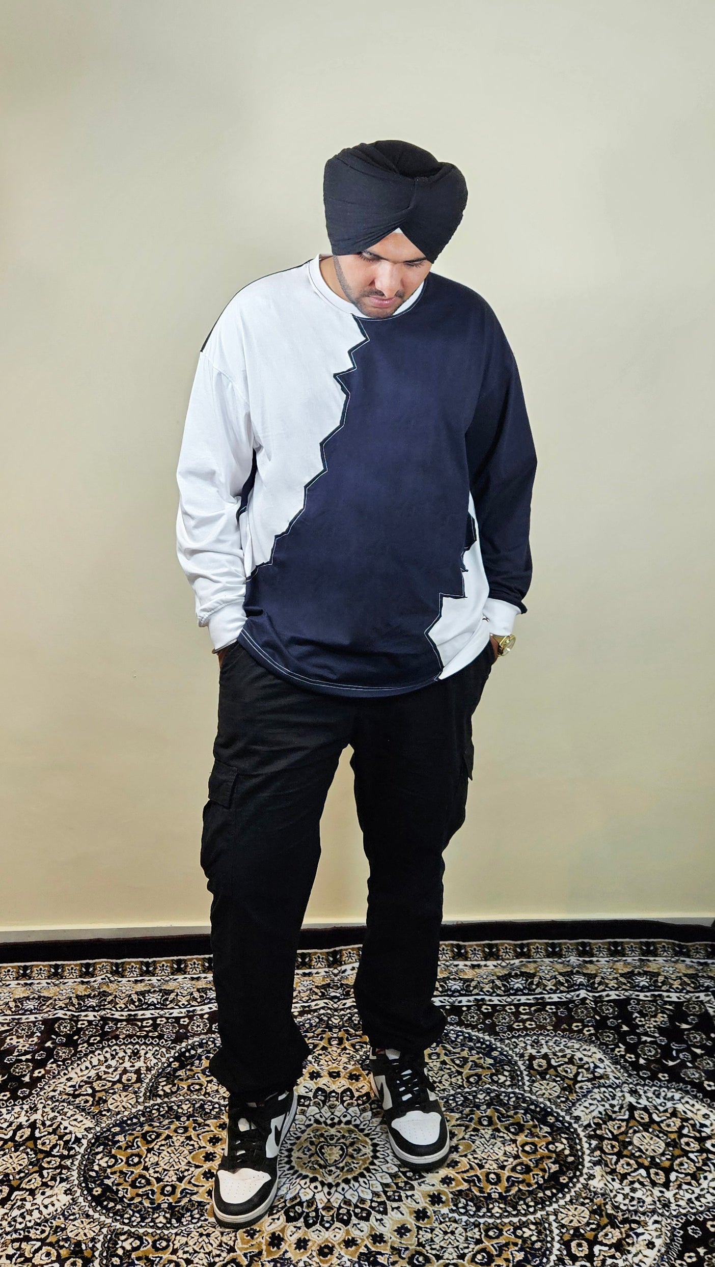 WONDER ORIGNALS : WHITE RIB EDITION WHITE AND NAVY OVERSIZED FULL SLEEVE TSHIRT PREMIUM COTTON