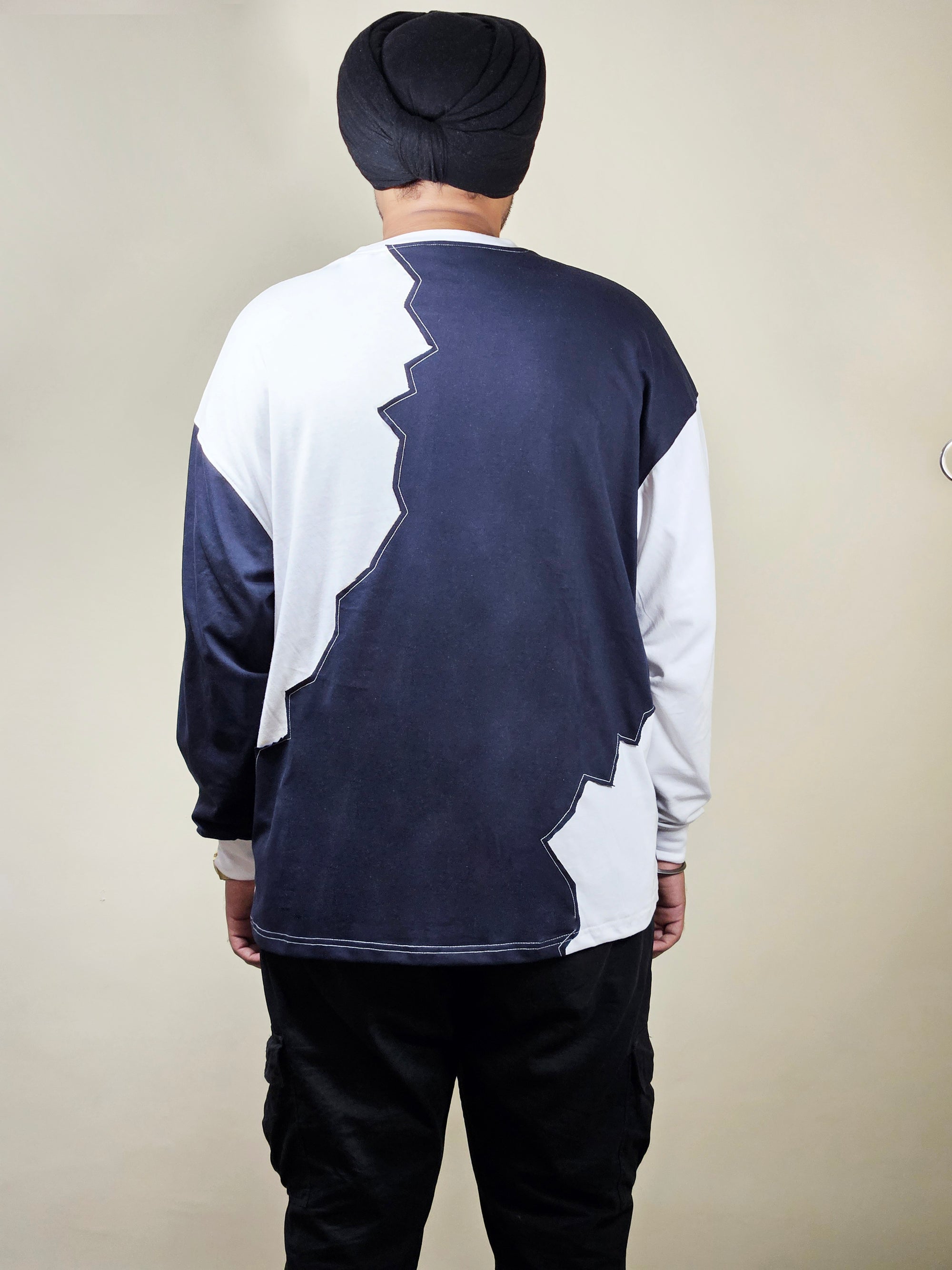 WONDER ORIGNALS : WHITE RIB EDITION WHITE AND NAVY OVERSIZED FULL SLEEVE TSHIRT PREMIUM COTTON