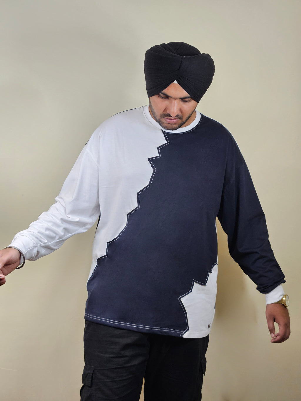 WONDER ORIGNALS : WHITE RIB EDITION WHITE AND NAVY OVERSIZED FULL SLEEVE TSHIRT PREMIUM COTTON