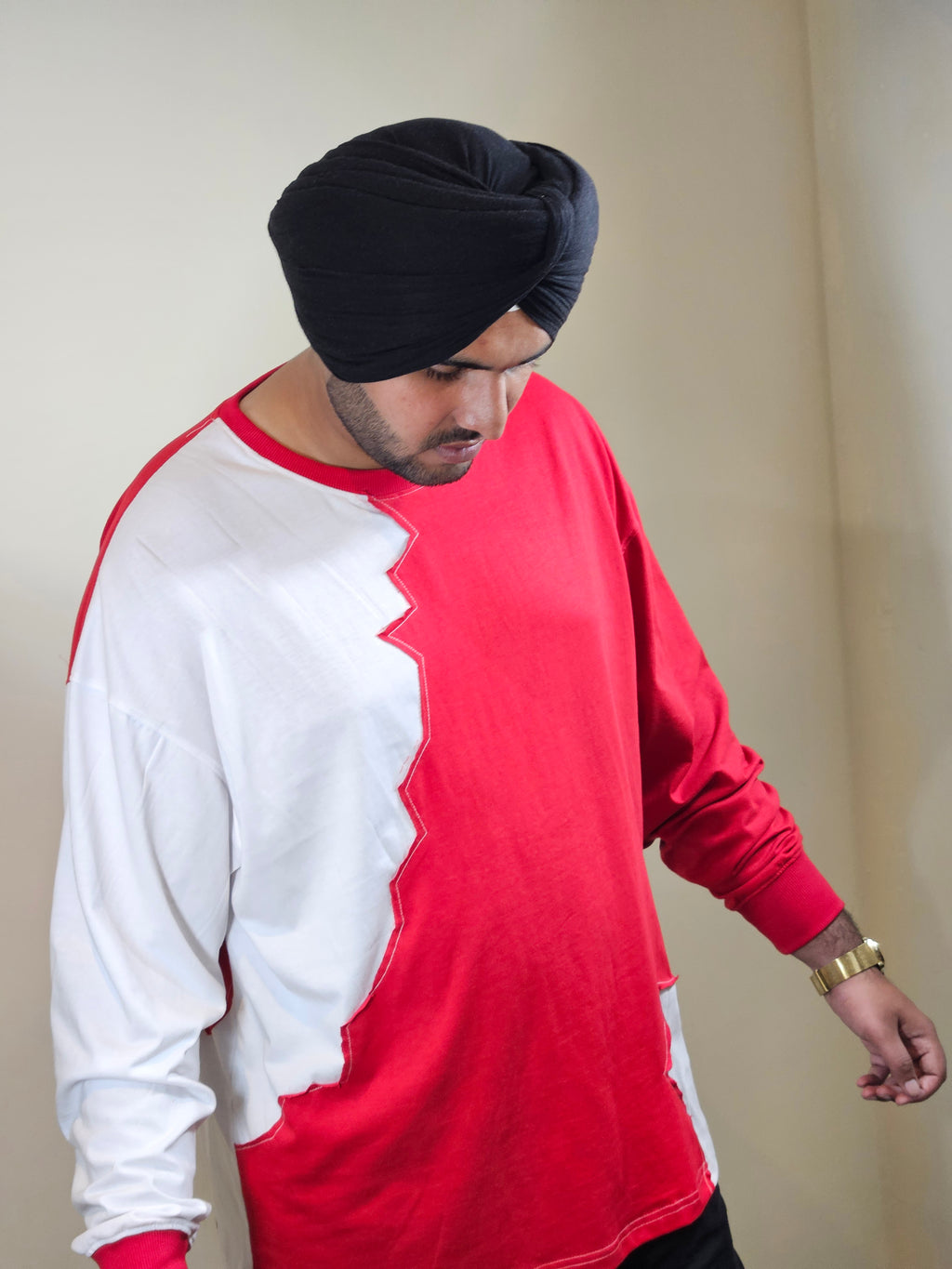 WONDER ORIGNALS : RED RIB EDITION WHITE AND RED OVERSIZED FULL SLEEVE TSHIRT PREMIUM COTTON