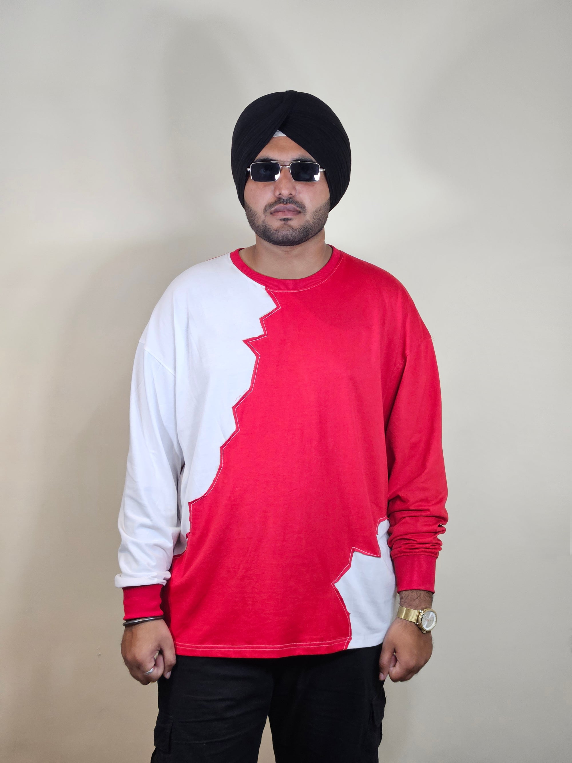 WONDER ORIGNALS : RED RIB EDITION WHITE AND RED OVERSIZED FULL SLEEVE TSHIRT PREMIUM COTTON