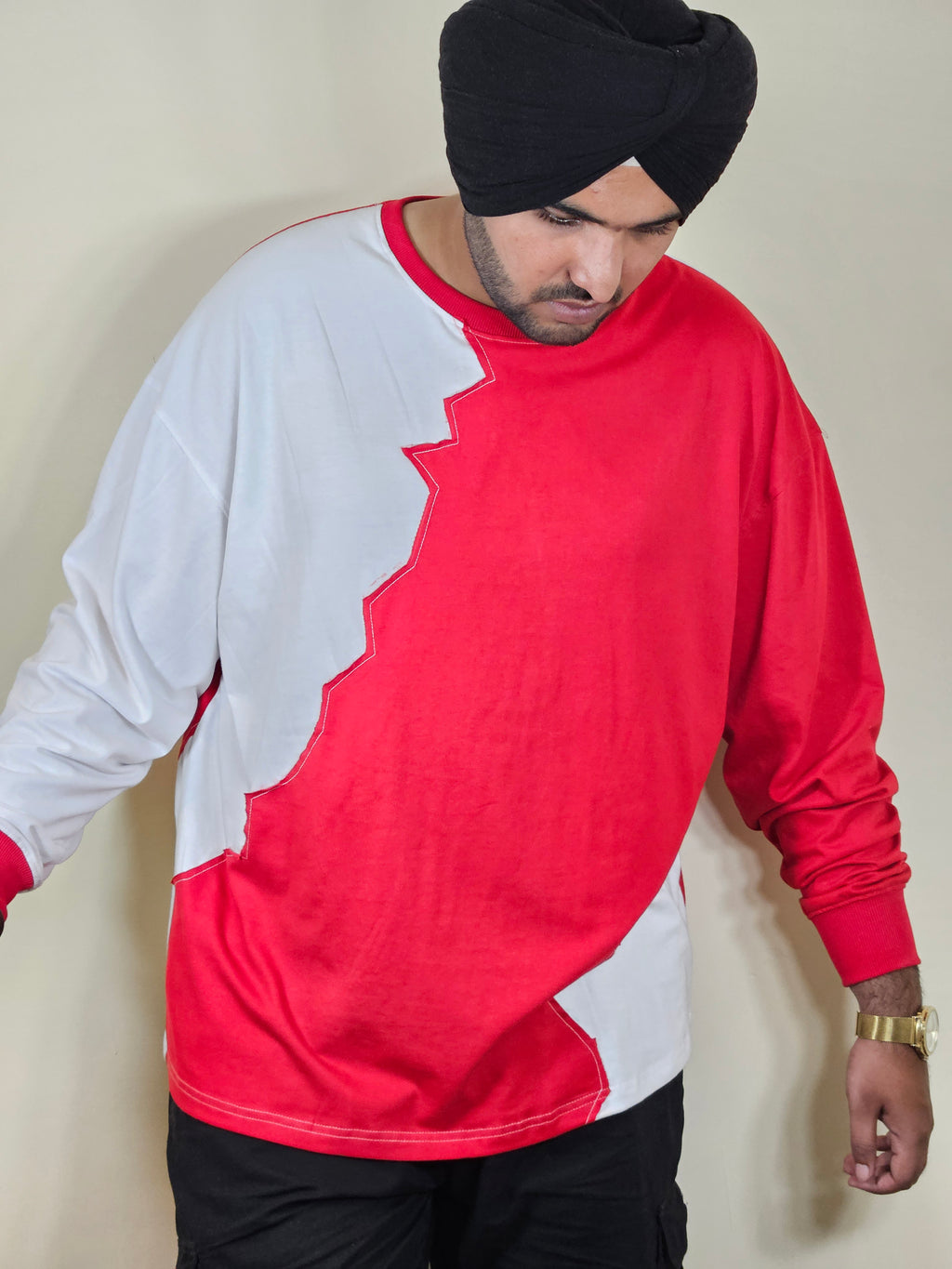 WONDER ORIGNALS : RED RIB EDITION WHITE AND RED OVERSIZED FULL SLEEVE TSHIRT PREMIUM COTTON
