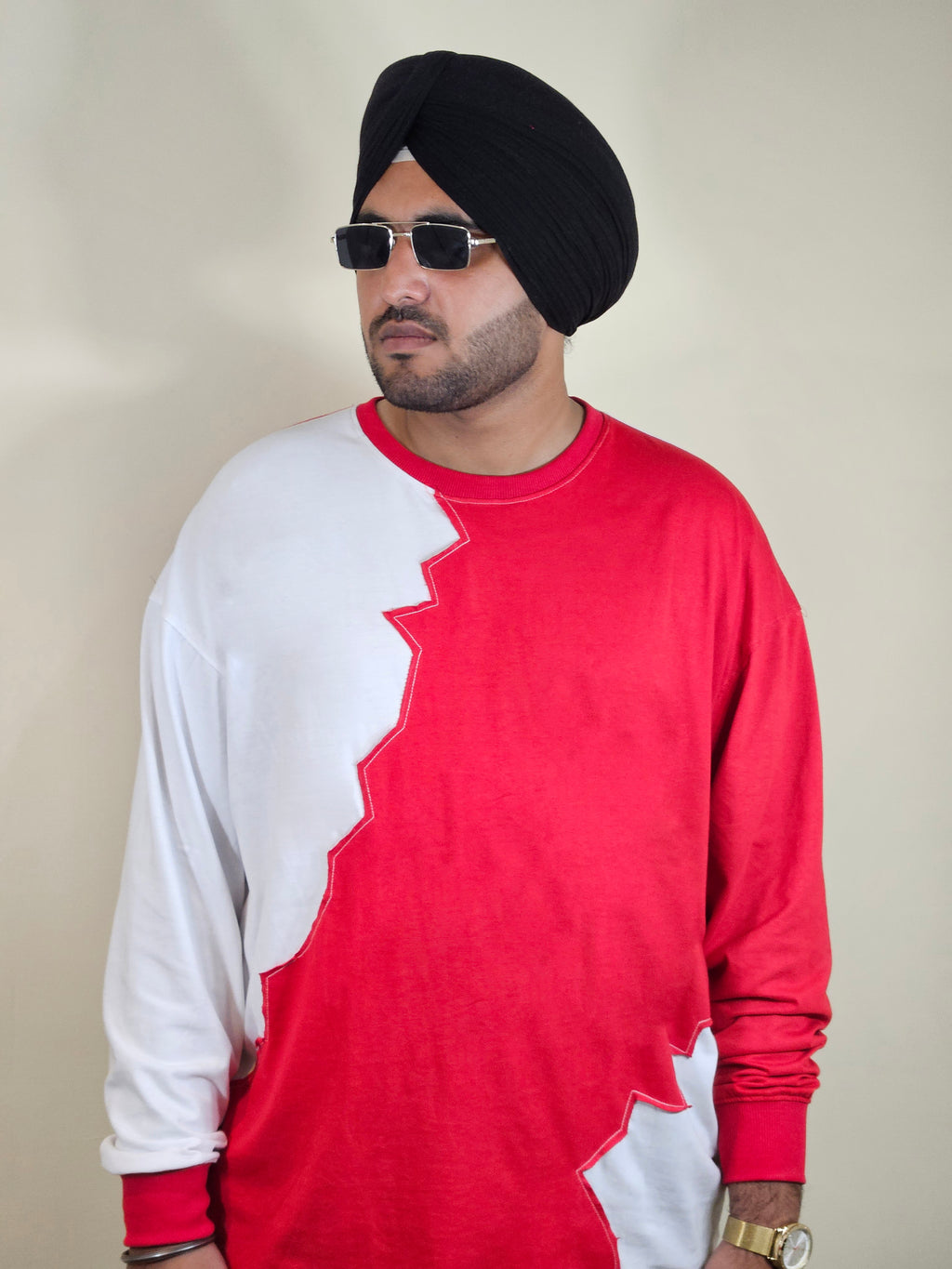 WONDER ORIGNALS : RED RIB EDITION WHITE AND RED OVERSIZED FULL SLEEVE TSHIRT PREMIUM COTTON
