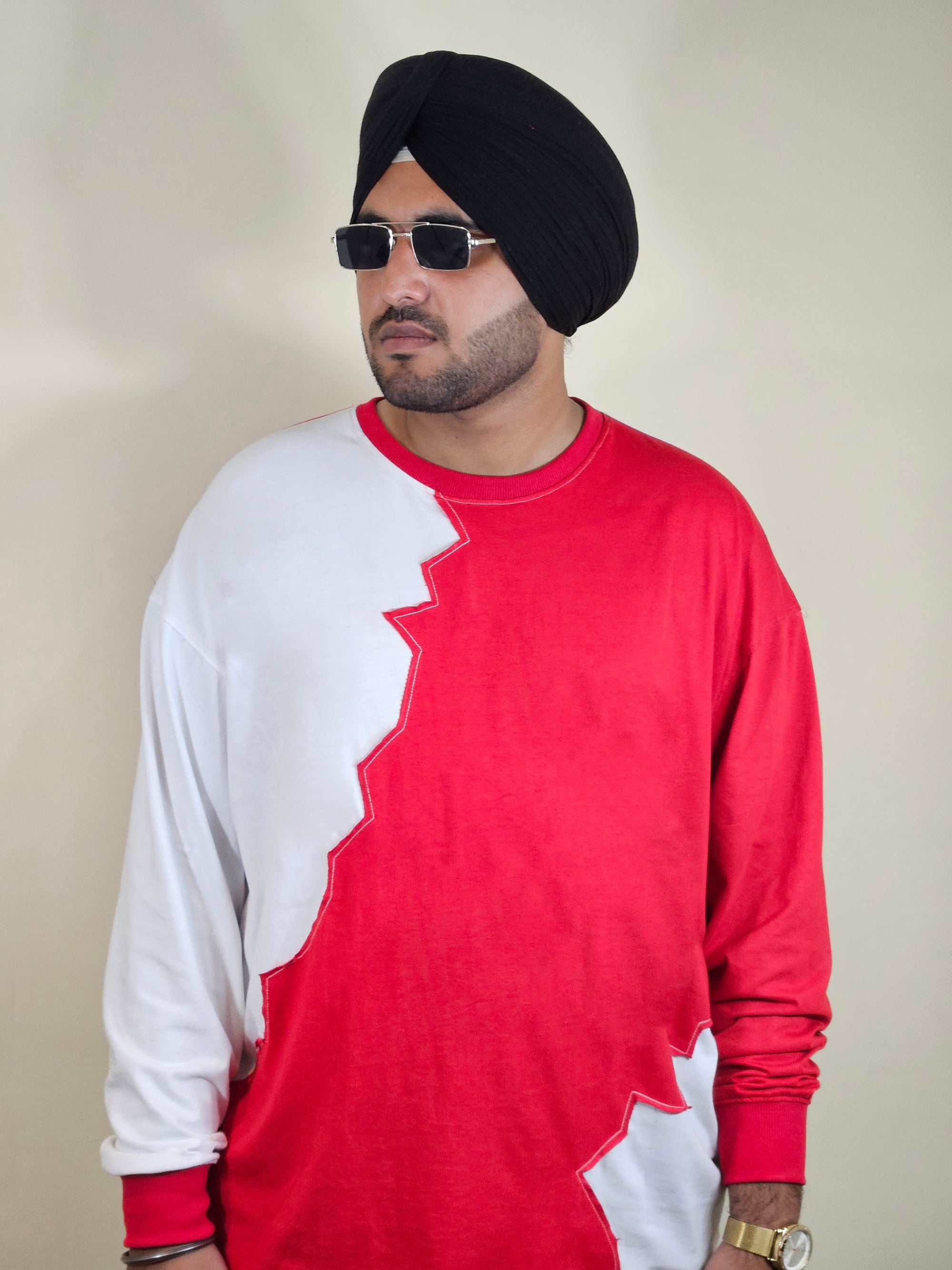 WONDER ORIGNALS : RED RIB EDITION WHITE AND RED OVERSIZED FULL SLEEVE TSHIRT PREMIUM COTTON