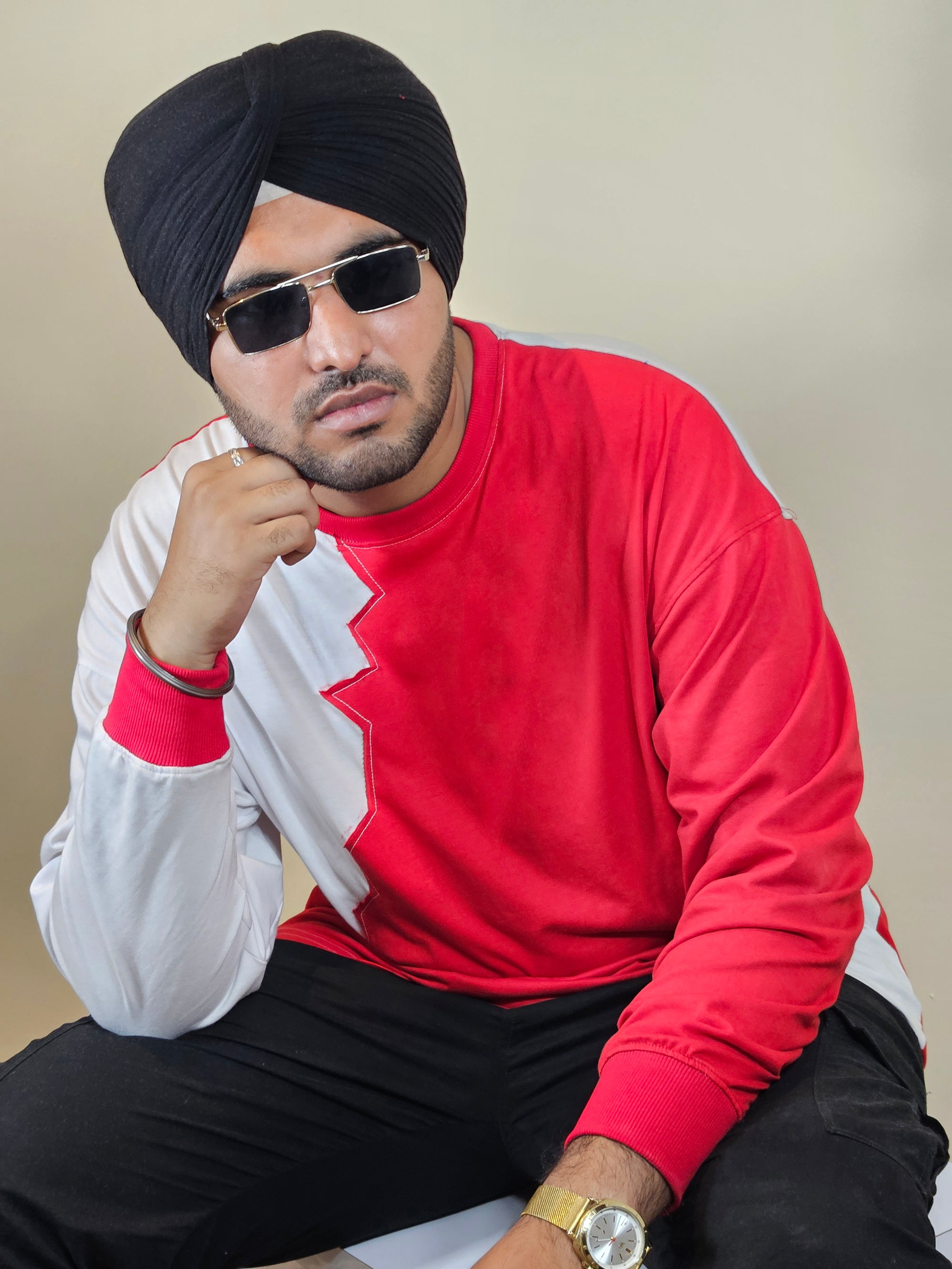 WONDER ORIGNALS : RED RIB EDITION WHITE AND RED OVERSIZED FULL SLEEVE TSHIRT PREMIUM COTTON