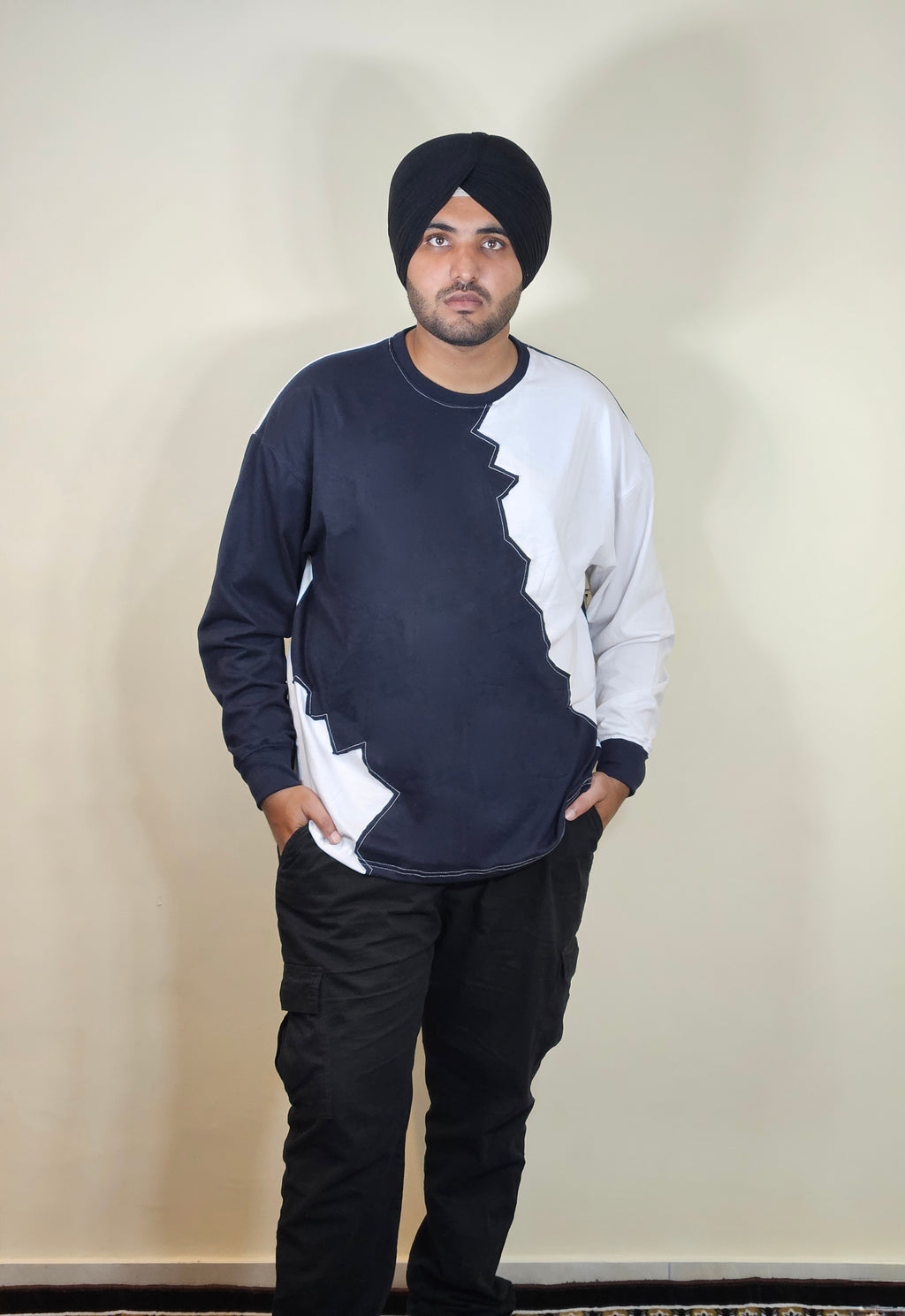 WONDER ORIGNALS : WHITE RIB EDITION WHITE AND NAVY OVERSIZED FULL SLEEVE TSHIRT PREMIUM COTTON