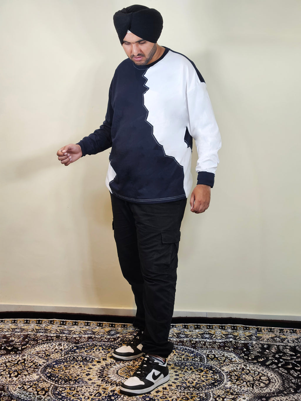 WONDER ORIGNALS : WHITE RIB EDITION WHITE AND NAVY OVERSIZED FULL SLEEVE TSHIRT PREMIUM COTTON