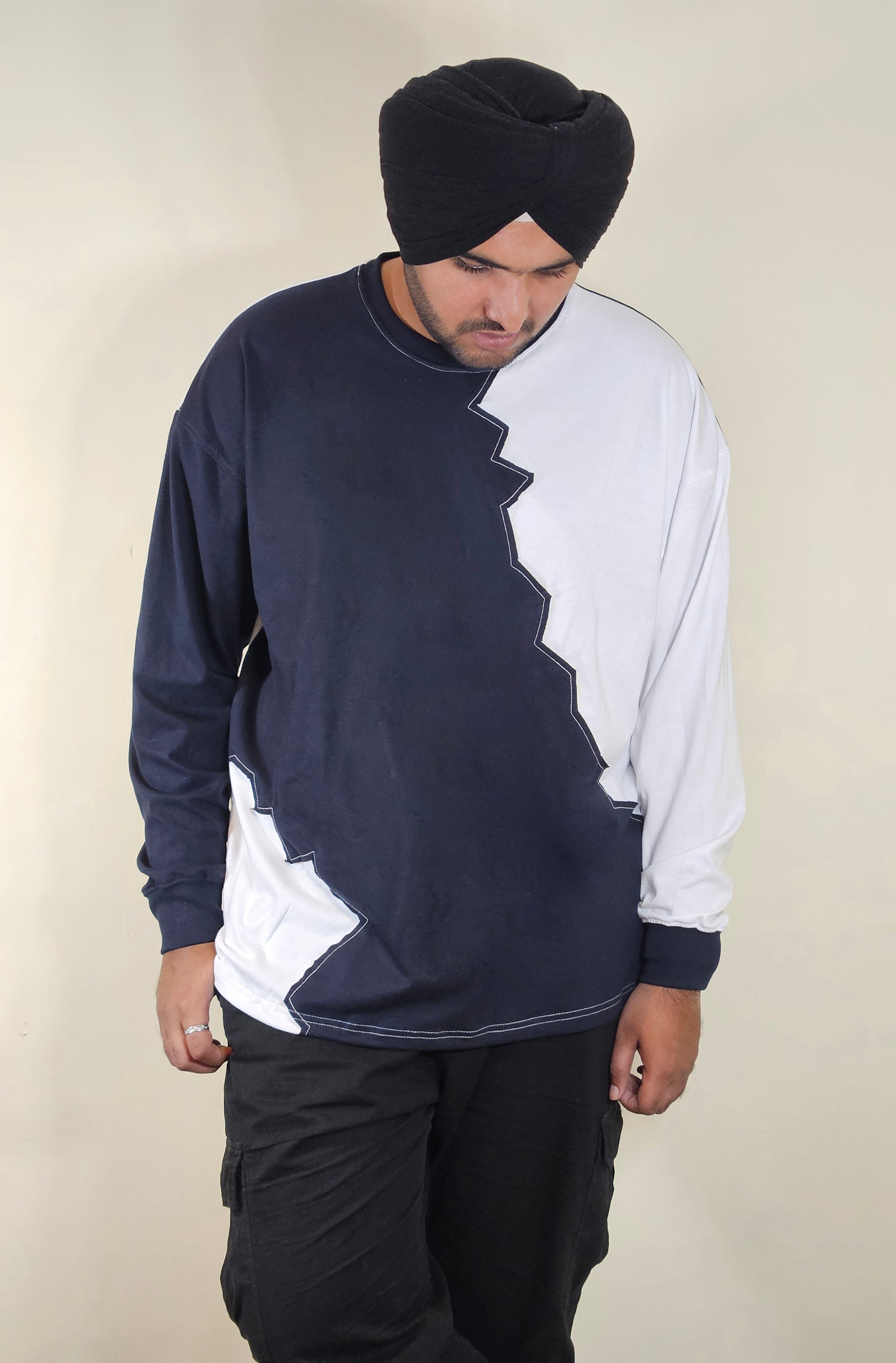 WONDER ORIGNALS : WHITE RIB EDITION WHITE AND NAVY OVERSIZED FULL SLEEVE TSHIRT PREMIUM COTTON