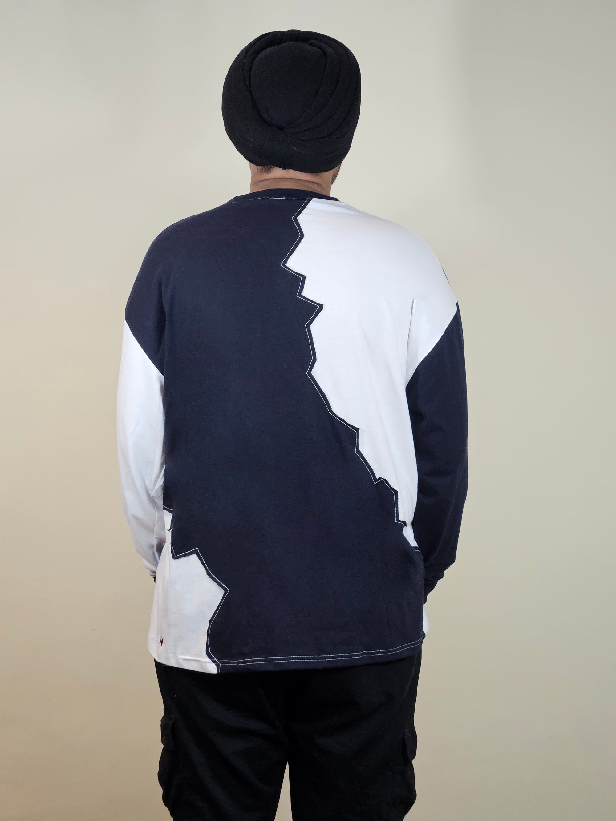 WONDER ORIGNALS : WHITE RIB EDITION WHITE AND NAVY OVERSIZED FULL SLEEVE TSHIRT PREMIUM COTTON