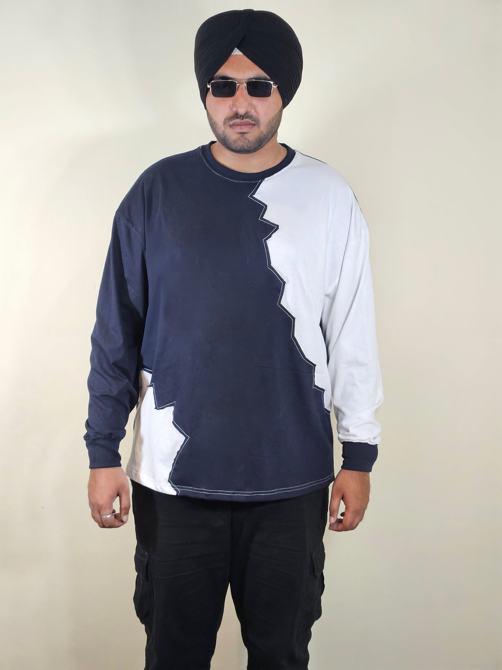 WONDER ORIGNALS : WHITE RIB EDITION WHITE AND NAVY OVERSIZED FULL SLEEVE TSHIRT PREMIUM COTTON