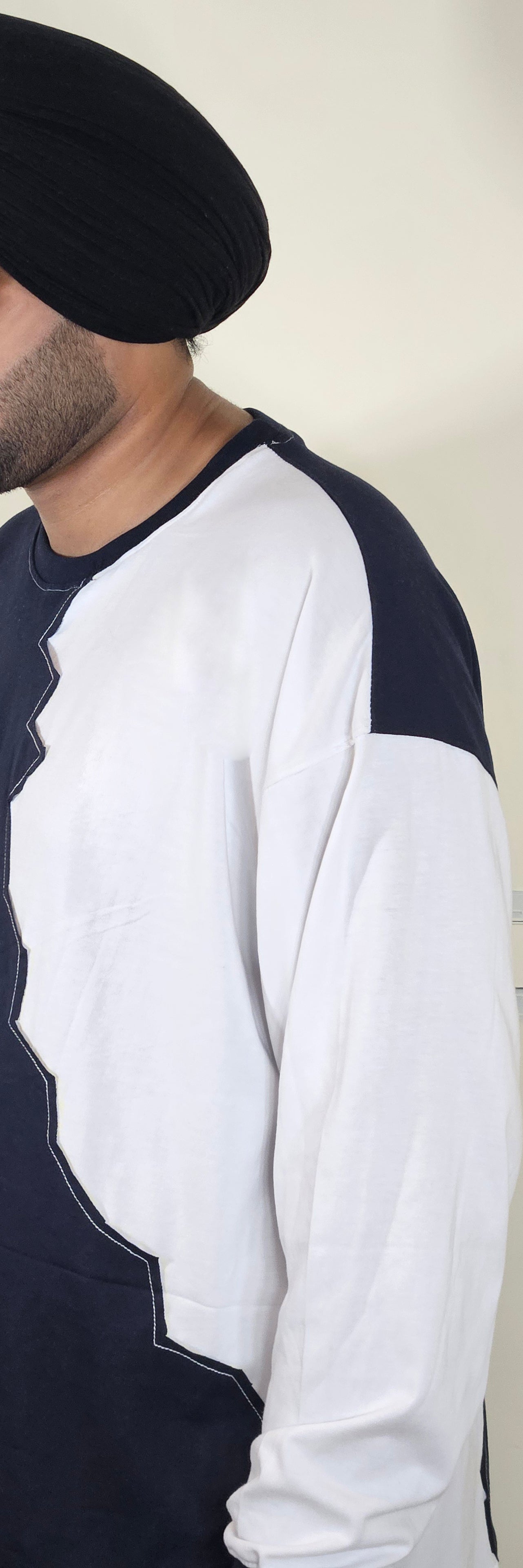 WONDER ORIGNALS : WHITE RIB EDITION WHITE AND NAVY OVERSIZED FULL SLEEVE TSHIRT PREMIUM COTTON