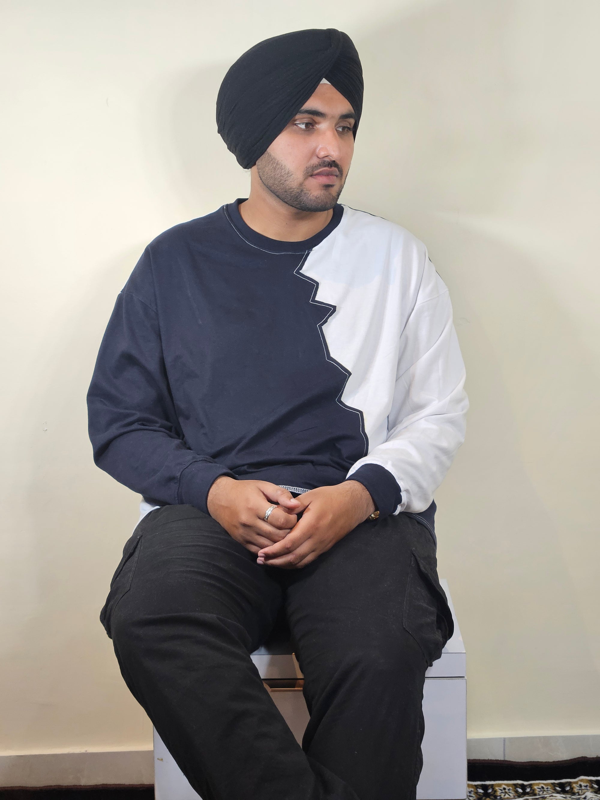 WONDER ORIGNALS : WHITE RIB EDITION WHITE AND NAVY OVERSIZED FULL SLEEVE TSHIRT PREMIUM COTTON