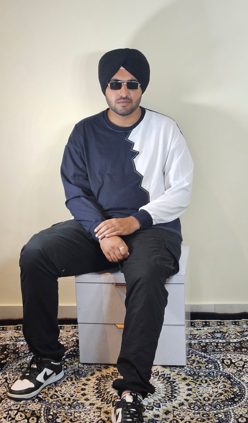 WONDER ORIGNALS : WHITE RIB EDITION WHITE AND NAVY OVERSIZED FULL SLEEVE TSHIRT PREMIUM COTTON