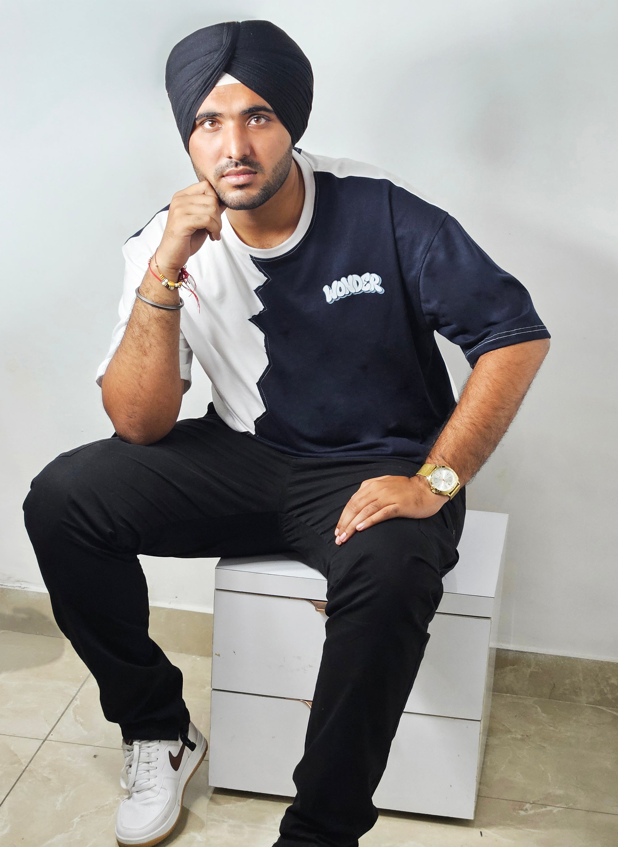 WONDER ORIGNALS : WHITE RIB EDITION WHITE AND NAVY OVERSIZED TSHIRT PREMIUM COTTON