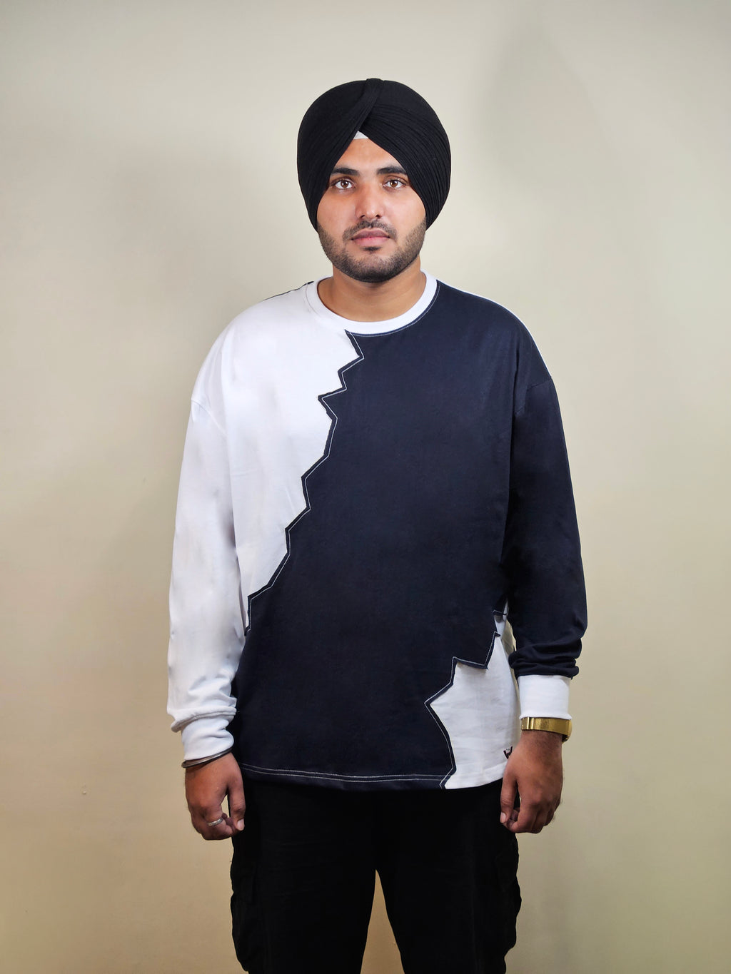 WONDER ORIGNALS : WHITE RIB EDITION WHITE AND NAVY OVERSIZED FULL SLEEVE TSHIRT PREMIUM COTTON